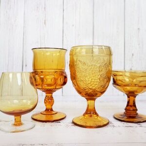 4-pc Mismatched Vintage Amber Golden Yellow-Orange Glasses Goblets Glassware